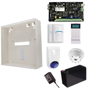 Bosch security kit with control board, white metal enclosure, keypad, motion sensors, siren, and backup battery.