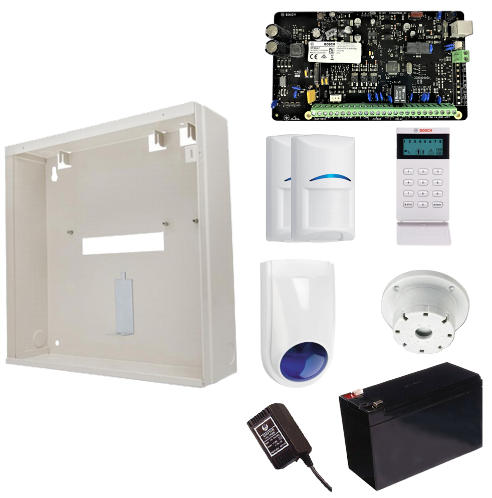 Bosch security kit with control board, white metal enclosure, keypad, motion sensors, siren, and backup battery.