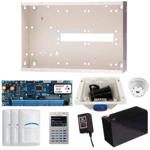 Bosch Solution 6000 alarm kit featuring a control board, keypad, sensors, siren, battery, and metal enclosure.