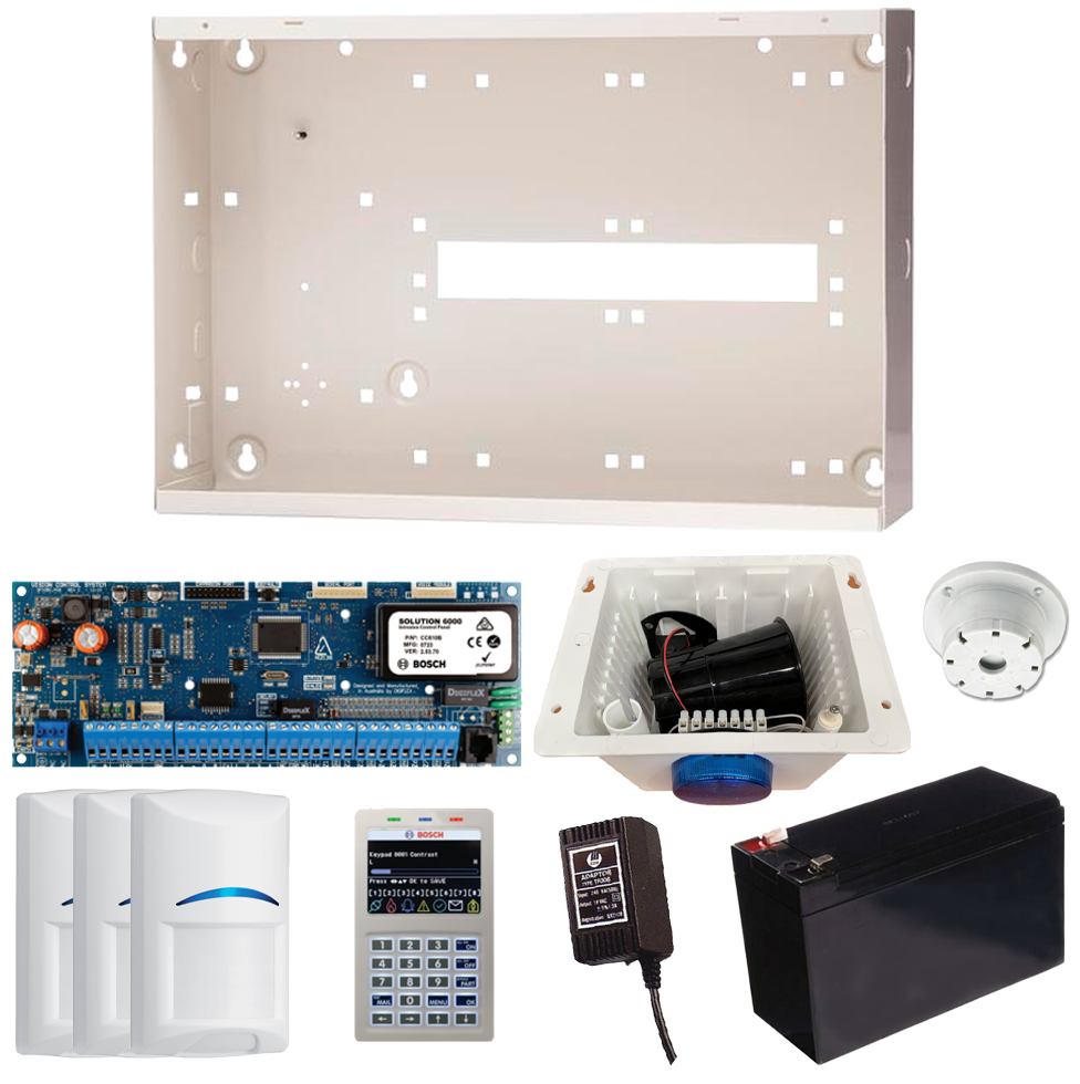 Bosch Solution 6000 alarm kit featuring a control board, keypad, sensors, siren, battery, and metal enclosure.