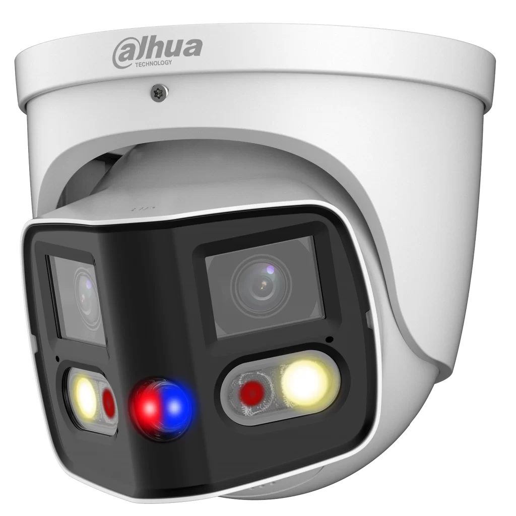 Dahua turret camera with dual lenses, active deterrence red/blue lights, and built-in white floodlights.