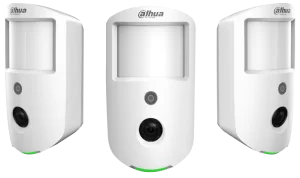 Three white Dahua brand PIR motion sensors with integrated camera lenses shown from different angles.