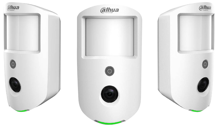 Three white Dahua brand PIR motion sensors with integrated camera lenses shown from different angles.