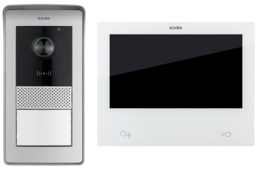 Vimar Elvox video intercom kit featuring a 7-inch touchscreen monitor and a surface-mount outdoor door station.