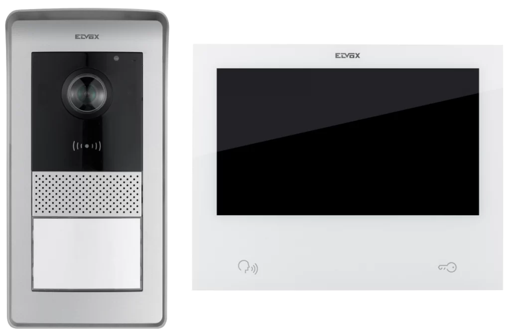Vimar Elvox video intercom kit featuring a 7-inch touchscreen monitor and a surface-mount outdoor door station.