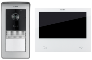 Vimar Elvox video intercom kit featuring a 7-inch touchscreen monitor and a surface-mount outdoor door station.