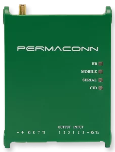 Green Permaconn alarm communicator with LED status indicators and terminal connection points.