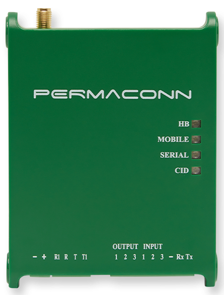 Green Permaconn alarm communicator with LED status indicators and terminal connection points.