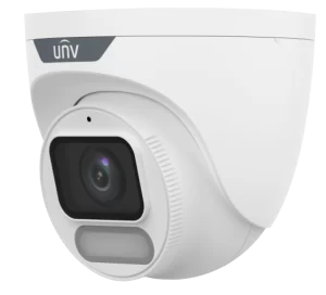 White Uniview (UNV) turret security camera featuring a built-in warm light LED and high-aperture lens.